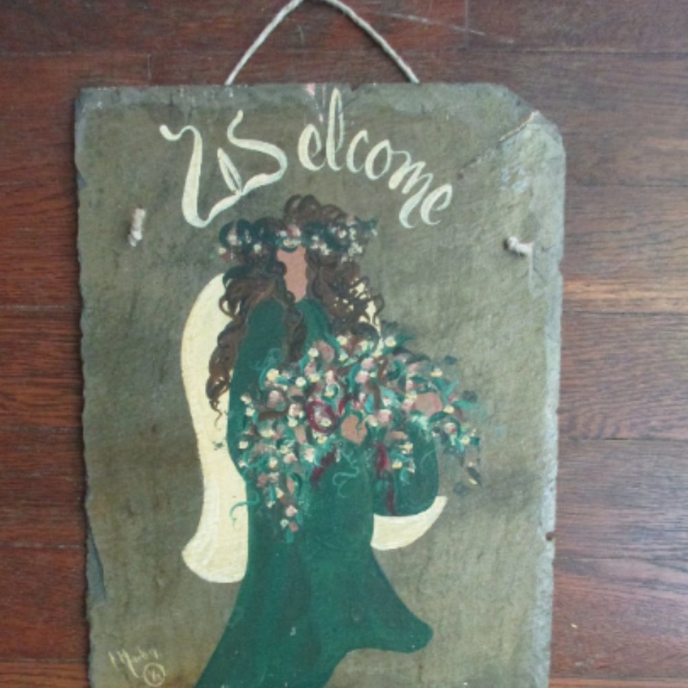 Welcome Angels and Friends vintage painted slate wall hanging